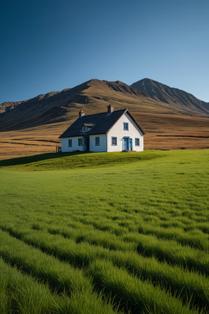 White huts on the grassland and distant mountainsの素材