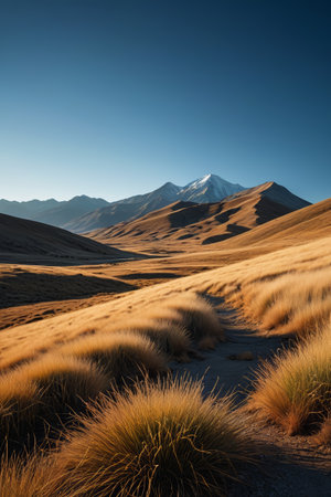 A distant view of open grassland in the mountainsの素材