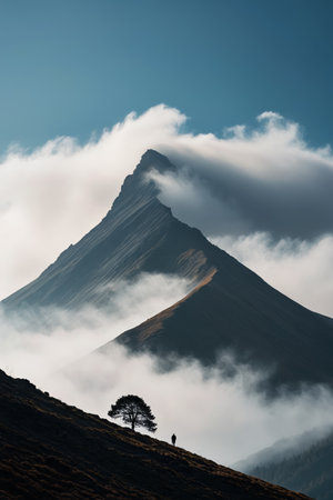 People and mist landscape next to a lonely tree in the mountainsの素材