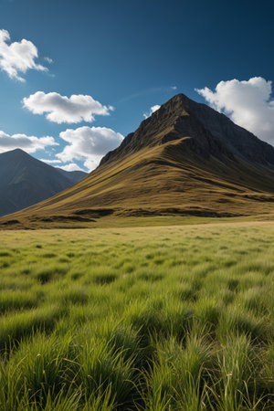 Peaks on the grassland and blue sky and white cloudsの素材