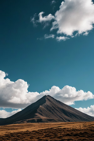 Distant mountain scenery under blue sky and white cloudsの素材