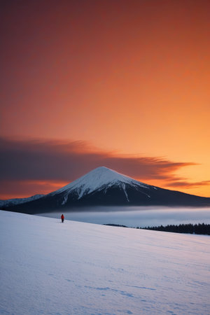 Hikers on the snow capped mountains and the magnificent sunsetの素材