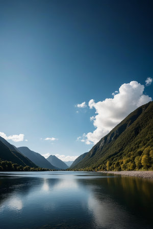 Tranquil lake scenery with mountains and riversの素材