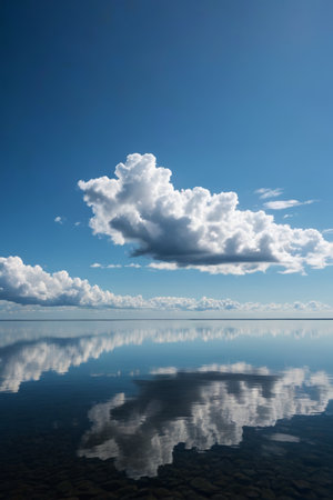 Reflections of the calm water under the blue sky and white cloudsの素材