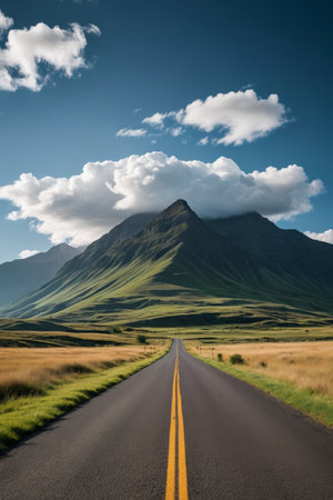 The road extends to the natural scenery in the distanceの素材