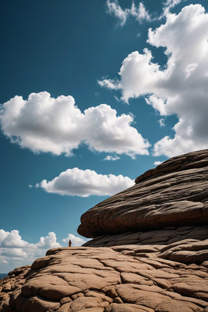 People look up at the blue sky and white clouds under the rocky landscapeの素材