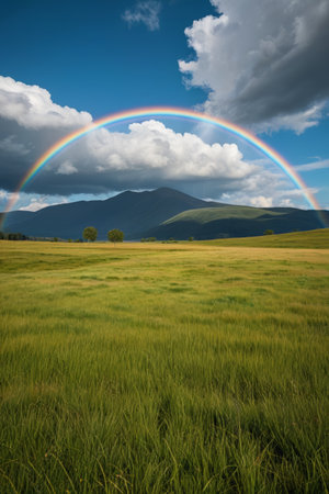 Rainbow on the grassland and distant mountain landscapeの素材