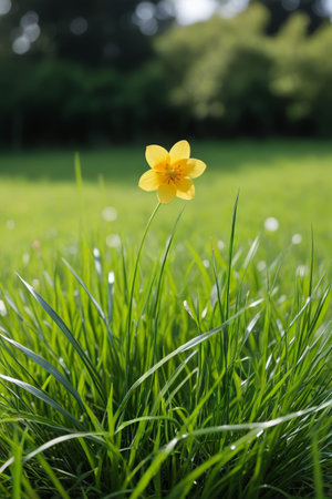 Close up of small yellow flowers on the grassの素材