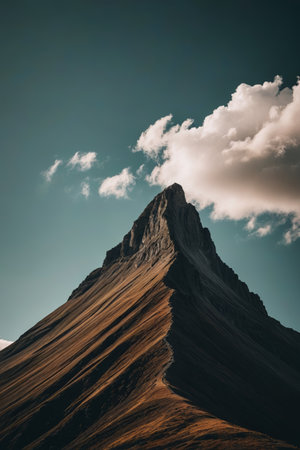 Towering mountain under blue sky and white cloudsの素材