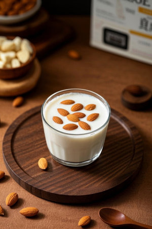 Almond milk and nuts in a glassの素材