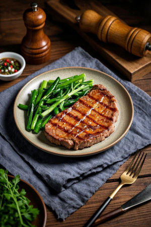 Steak and greens on a plateの素材