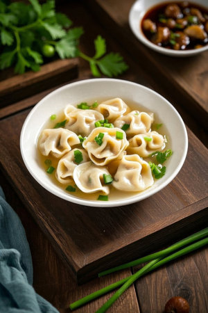 Bowl dumplings with chopped green onions and shipping sauceの素材