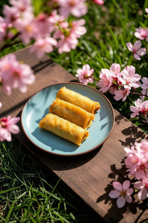 Spring rolls and peach blossoms on the outdoor grassの素材