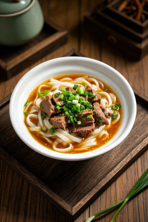 Close up of beef rice noodles in a bowlの素材