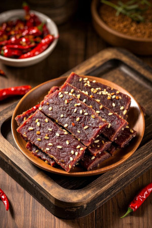 Wooden beef jerky with chili seasoningの素材