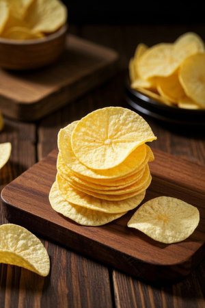 Delicious potato chips stacked on a wooden plateの素材