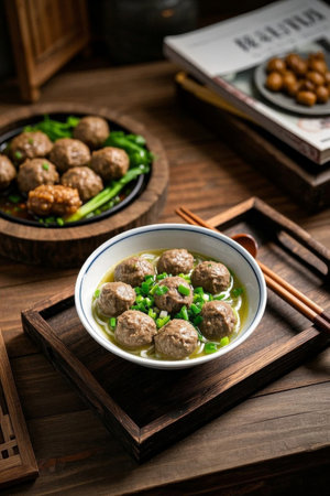 Meatball delicacies on a wooden tableの素材