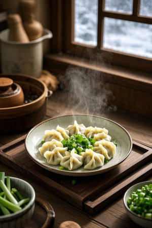 Steaming dumpings on a Chinese tableの素材