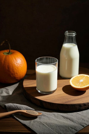 Milk, pumpkin and orange on a wooden plateの素材