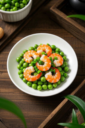 Shrimp and peas on a plateの素材