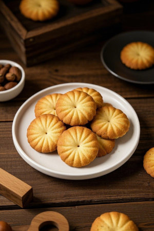 Delicious cookies on a wooden tableの素材