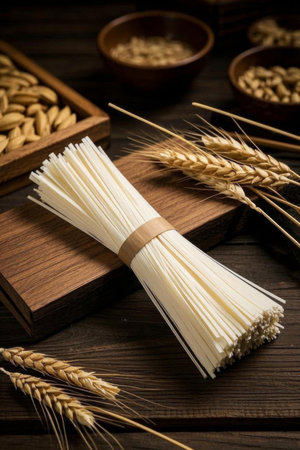 Hanging noodles and still life display of wheat ears and grainsの素材