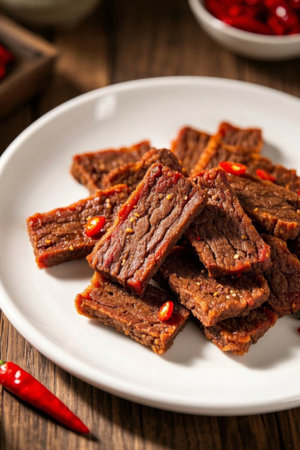 Close up of delicious beef jerky on the plateの素材