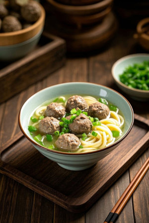 Meatball Noodle Gourmet on a Wooden Tableの素材