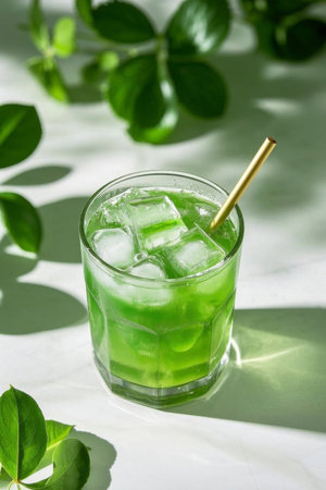 Green iced drink in a glassの素材