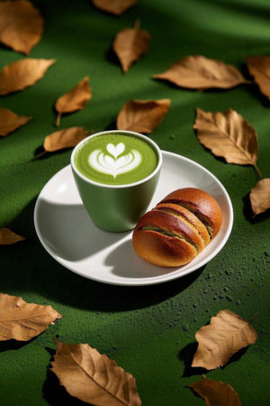 Green Matcha Latte with Breadの素材