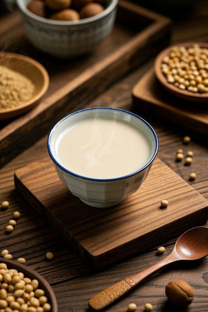 A bowl of stepping soy milk on a wooden tableの素材
