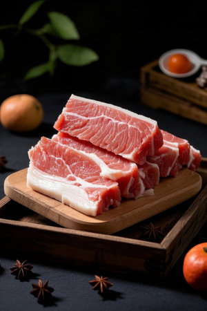 Fresh pork belly ingredients on a wooden plateの素材