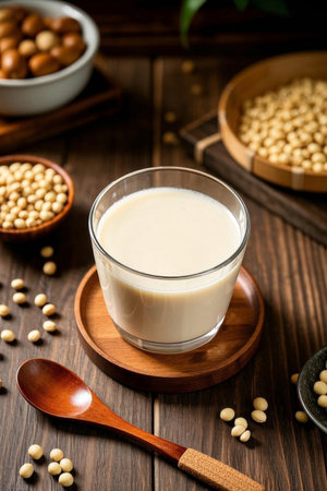 Soy milk and soybeans in a glass on a wooden tableの素材