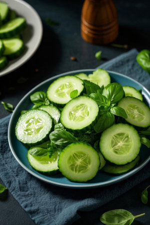 Cucumber slices and basil leaves on a blue plateの素材