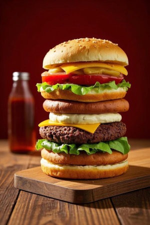 Delicious burgers with layers of ingredientsの素材