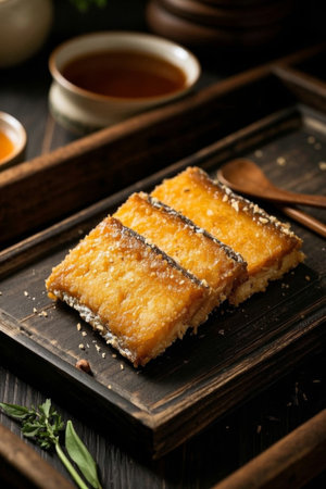 Seared cutlet with tea on a wooden plateの素材