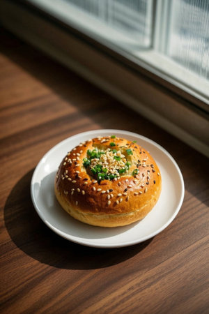 Delicious bread on a wooden table by the windowの素材