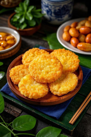 Fried snacks served on wooden platesの素材