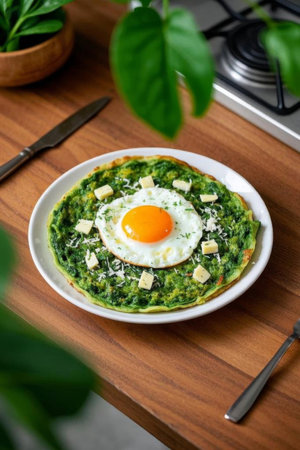 Egg and vegetable breakfast on a wooden tableの素材