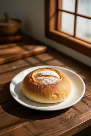 Delicious bread on a wooden table by the windowの素材