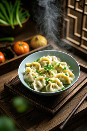 Steaming dumpings on a Chinese wooden tableの素材