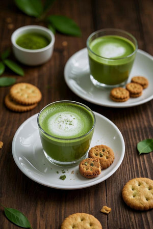 Matcha drinks and cookies on a wooden tabletopの素材