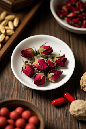 Dried roses and Chinese medicinal herbs on a wooden tableの素材
