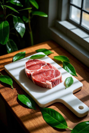 Fresh raw steak on a cutting boardの素材