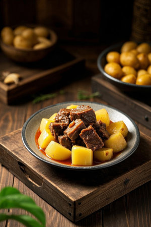 Roast beef dishes with potatoes on wooden platesの素材