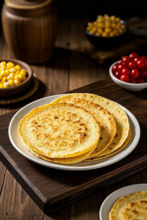 Fresh dough cakes and side dishes on a wooden tableの素材