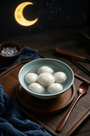 Close up of glutinous rice balls in a bowlの素材