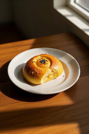 Delicious bread on a white plate on a wooden tableの素材