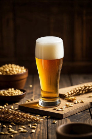 A frothy beer on a wooden tableの素材