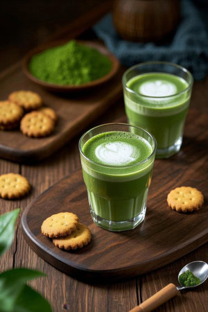Two Matcha Drinks and Cookies Stagedの素材